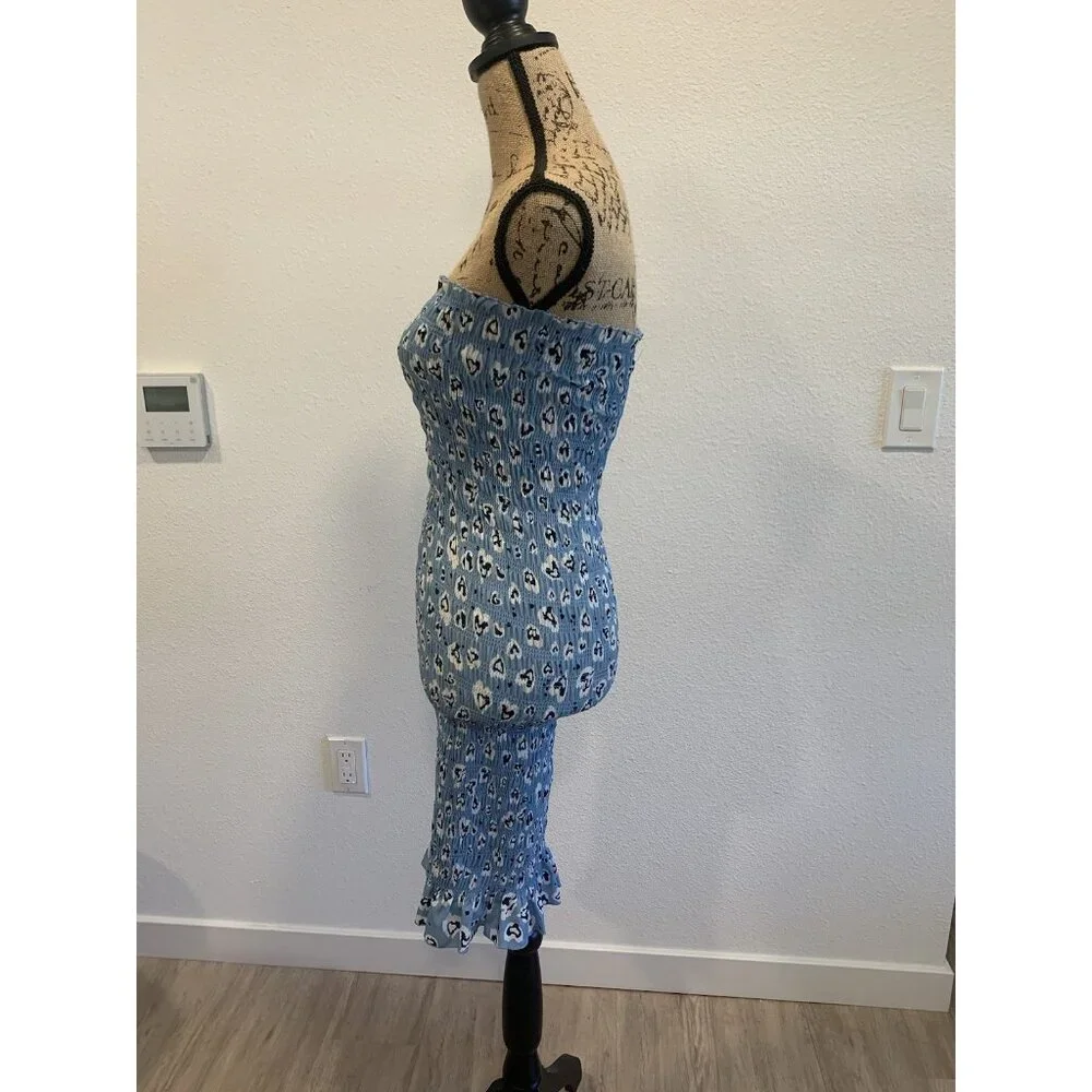 (A-26)Women's Strapless Blue Floral Midi Dress Size‎ S New Fully Dressed Stretch